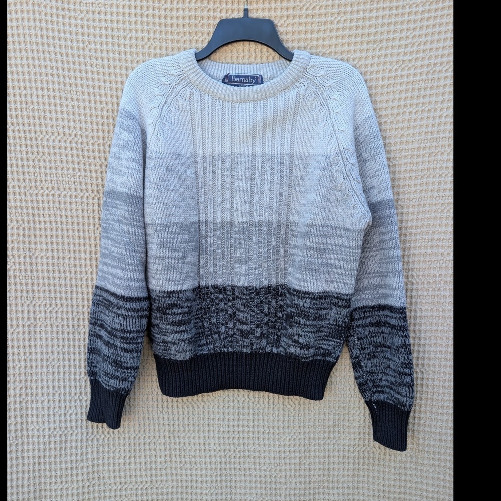 Barnaby Mens Grey Gradient Ombre Knit Crew Neck Sweater Large Acrylic Pullover